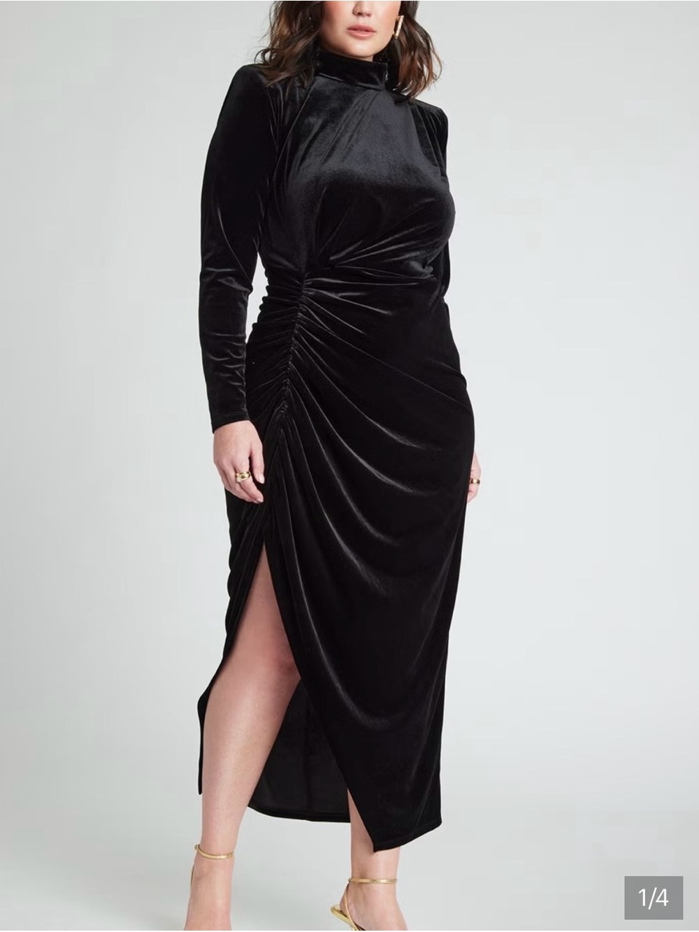 Eloquii Black Velvet Long Sleeve Ruched Midi Dress Mock Neck Side Slit 22W